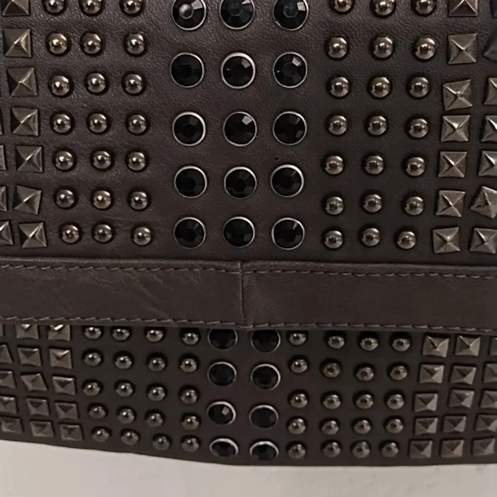 Gray Clutch Crossbody bag Gunmetal Studs Black Faceted Stones Removable Chain - Picture 2 of 11